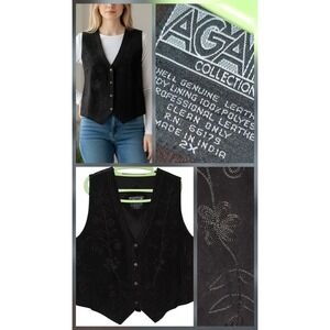 Vintage AGAPO Collection Black Embroidered Suede Vest Women's Floral Size 2x